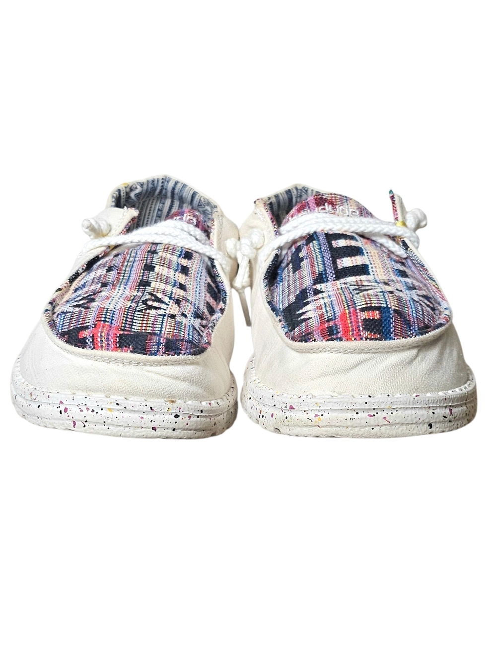 Hey Dude Boho Distressed Azca Sneakers in White with Multi Woven Accents - Picture 7 of 9